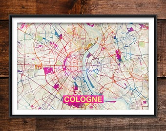 Cologne Map - Original Art Print (Rainbow) - City Street Map of Cologne, Germany - Poster Watercolor Illustration Wall Art Home Decor Gift