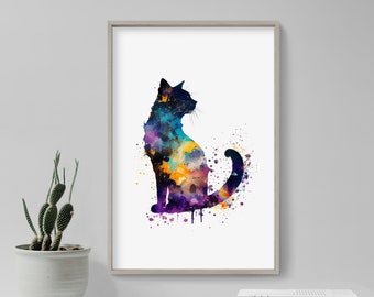 Cat Portrait Watercolour - Art Print Poster - Colourful Paint Splashes - Gift Home Wall Décor Giclee - Cat Lover, Feline