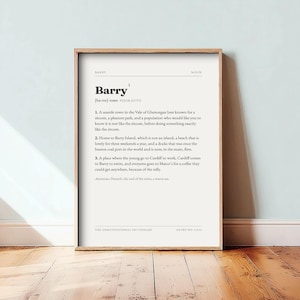 Peut inclure: Une affiche encadrée présentant une définition de dictionnaire du mot Barry. Le texte est imprimé en noir sur un fond blanc, détaillant trois définitions numérotées sur la ville, incluant des références à Barry Island et à Cardiff.