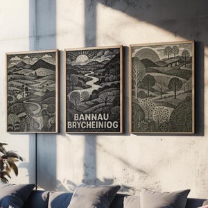 Bannau Brycheiniog Woodcut Art Prints - Set of Three Welsh Posters - Brecon Beacons Pen y Fan Posters - 3  Painting Wales Welsh Landscapes