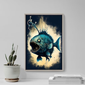 Angler Fish Poster - Animal Watercolour - Humpback Art Print Poster - Colourful Paint Splashes - Gift Home Wall Décor Giclee - Deep Sea