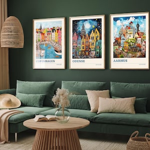 Set of Three Denmark Travel Posters - Copenhagen, Odense, Aarhus - 3 Modern Art Prints - Photo Painting Illustration Gift Map Danish Visit