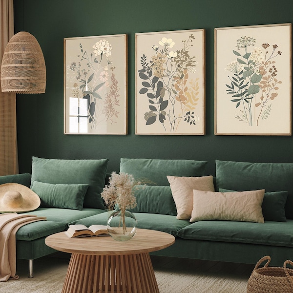 Juego de tres láminas florales vintage - Juego de 3 plantas florales - Pinturas, pósteres fotográficos, arte de pared, regalo, museo, giclée, margaritas, helechos, botánica