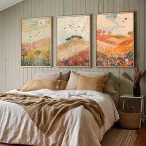 Rolling Butterfly Landscape Art Prints in Celadon, Ruby and Driftwood - Set of Three Posters, Painting - Applecross