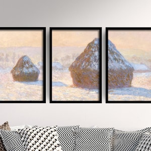 Set med tre Claude Monet-tryck - Höstackar: Snöeffekt (1891) Triptyk - 3 målningar Fotoposter Väggkonst Gåva Giclée Hövete #V2
