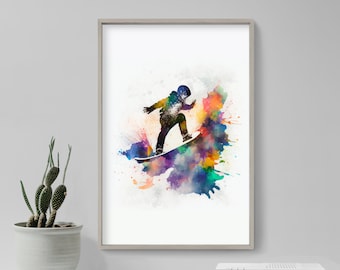 Poster impression d'art aquarelle pour enfant snowboard - éclaboussures de peinture colorées - giclée de décoration murale cadeau maison - snowboarder, ski, saut, neige