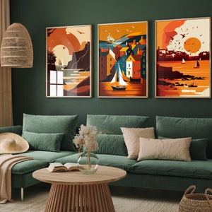 Les Cornouailles en automne - Lot de trois reproductions d'art - Posters de Newquay, Falmouth et St. Ives - Tableaux en orange - Lot de 3 décorations murales