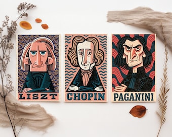 Romantic Virtuosos Set of Three Art Prints - Liszt, Chopin, Paganini - Classical Music Poster Wall Art Gift Illustration