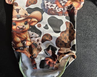 Cow custom print with hat, baby bodysuit, short-sleeved, 3 months- 18 months