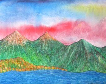 Abstract Landscape Painting, 24 x 36, Large Original Painting, Watercolor on Canvas, Lake Como, Vibrant Mountain Ocean Painting, "Menaggio"