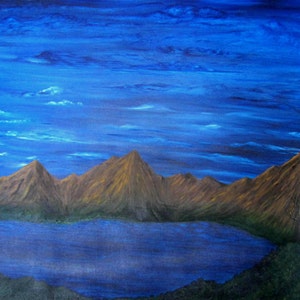 Oil on Canvas, Large Original Oil Painting 40x30, Abstract Mountain Cove Landscape Artwork, &quot;Blue Moon Cove&quot;