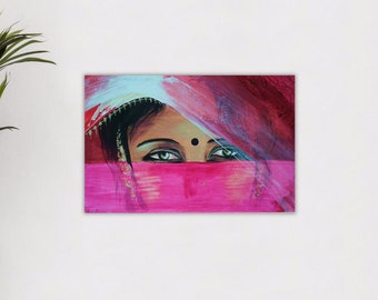 Peinture indienne avec portrait de femme indienne, visage de femme artistique, portrait de femme voilée, peinture moderne de l’Inde, peinture de visage de femme indienne