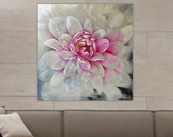 Painting with large flower oil painting, floral dahlia painting, large hand-painted dahlia, large painting above the sofa with gold leaf