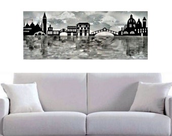 Peinture de paysage de Venise, peinture moderne en noir et blanc de paysage italien, peinture moderne peinte à la main de la ville de Venise