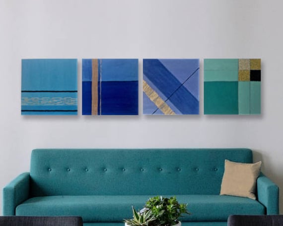Dipinti materici geometrici blu, set quadri moderni astratti, dipinti  minimalisti azzurri verdi, quadri astratti per ufficio e salotto. -   Italia