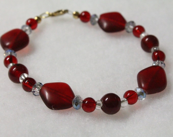 Red Glass Bead Bracelet With Chinese Crystal Rondelle Beads Etsy