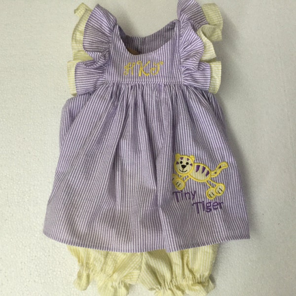 Purple and Gold Seersucker Ruffled Dress and Bloomers with appliqued Tiger and Monogram included