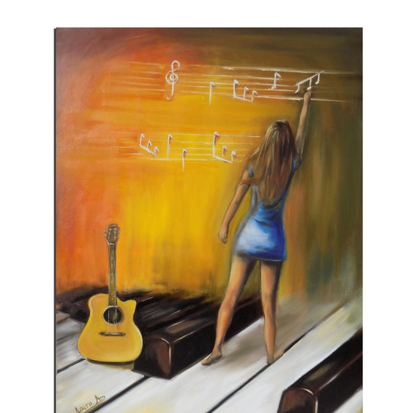 Original oil painting contemporary art original painting. Figures paintings,piano guitar canvas ready to hang Orange yellow blue.Wall decor.