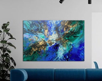 Abstract painting blue green gold metallic, one of a kind artwork, original modern art,  interior wall decoration