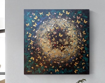 Butterflies interior wall decoration black gold  bronze green blue red original painting art one of a kind artwork