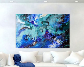 Large abstract original painting art, blue green, canvas ready to hang, home decor one of a kind artwork