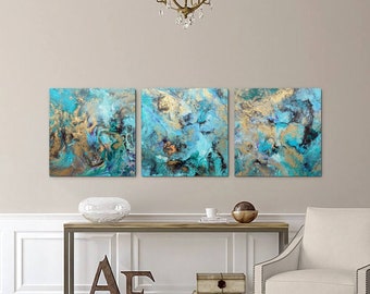 Triptych painting art, three pieces canvas modern interior design abstract original blue green gray metallic gold One of a kind artwork