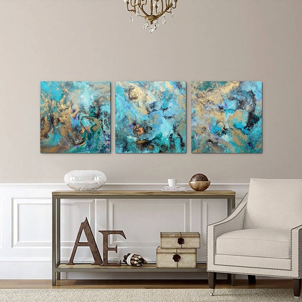 Tableau triptyque, trois pièces en toile design d'intérieur moderne abstrait original bleu vert gris or métallique oeuvre unique en son genre