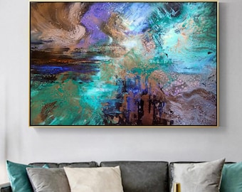 Pintura original de paisaje abstracto, arte mural moderno, lienzo listo para colgar, obra de arte única.
