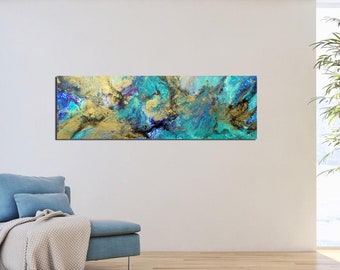 Abstract modern art blue green purple turquoise gold metallic, ocean colors, one of a kind artwork, original painting
