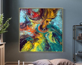 オリジナルの幾何学的抽象画、カラフルなモダンアート（40x40インチ