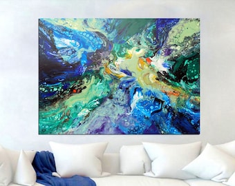 Exta large abstract original painting art, blue green, canvas ready to hang, home decor one of a kind artwork