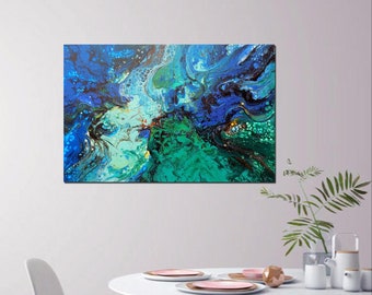 Modern abstract original painting art, blue green, canvas ready to hang, interior wall decoration  one of a kind artwork