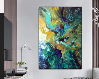 Exta large abstract original painting art, blue green yellow, canvas ready to hang, home decor one of a kind artwork