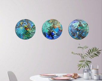 Round triptych painting art, three pieces canvas modern interior design abstract original  One of a kind artwork