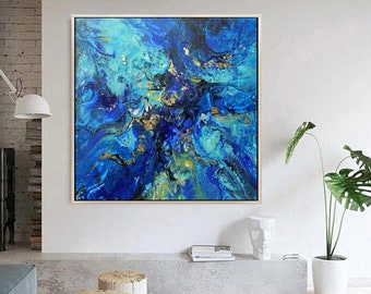 Modern interior wall decoration, large abstract original painting blue and gold metallic, one of a kind artwork, modern art