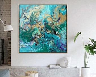 Abstract  gold metallic modern art blue green gray turquoise purple, one of a kind artwork, original painting