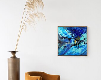 Abstact blue horizon small art canvas, interior wall decor, original handmade paintings one of a kind artwork