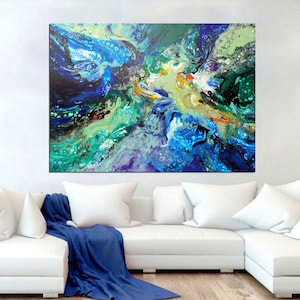 Exta large abstract original painting art, blue green, canvas ready to hang, home decor one of a kind artwork