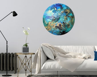 Round abstract painting original modern art blue green gold ready to hang  one of a kind artwork