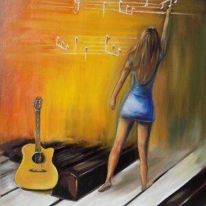Original oil painting contemporary art original painting. Figures paintings,piano guitar canvas ready to hang Orange yellow blue.Wall decor. image 3