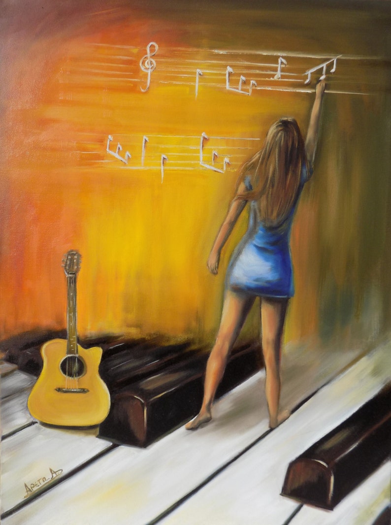 Original oil painting contemporary art original painting. Figures paintings,piano guitar canvas ready to hang Orange yellow blue.Wall decor. image 3