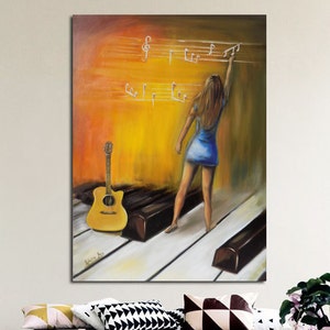 Original oil painting contemporary art original painting. Figures paintings,piano guitar canvas ready to hang Orange yellow blue.Wall decor. image 2