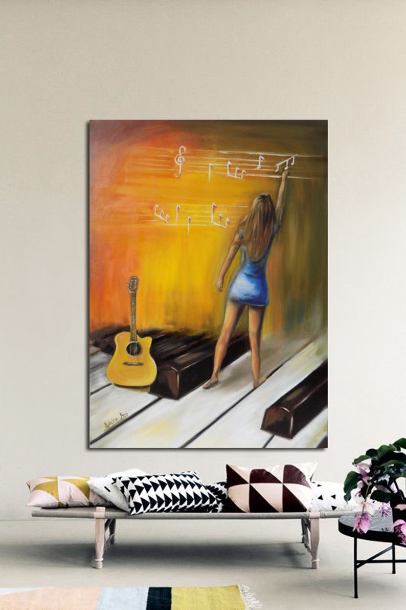 Original oil painting contemporary art original painting. Figures paintings,piano guitar canvas ready to hang Orange yellow blue.Wall decor. image 2