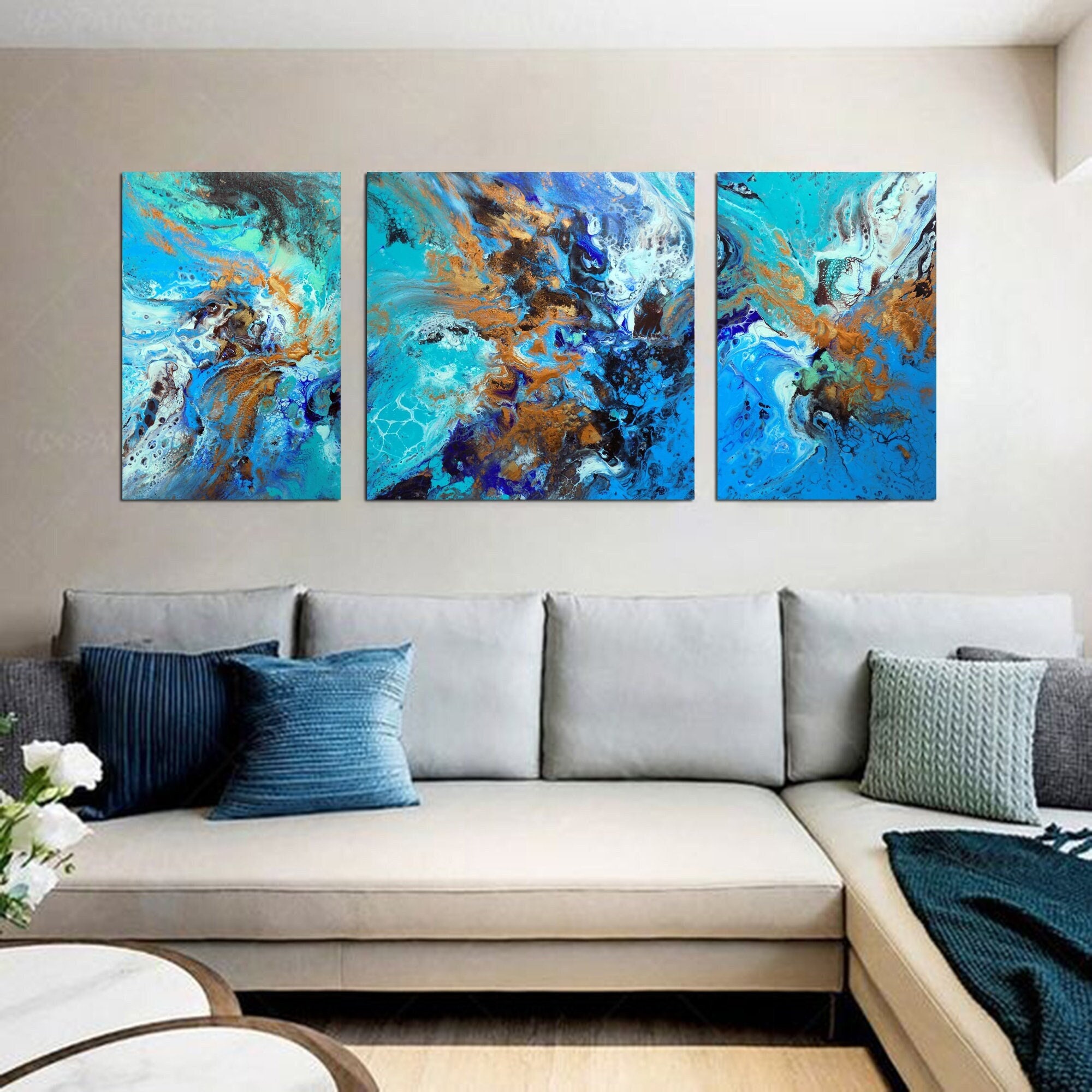 Triptych Painting Art, Three Pieces Canvas, Modern Wall
