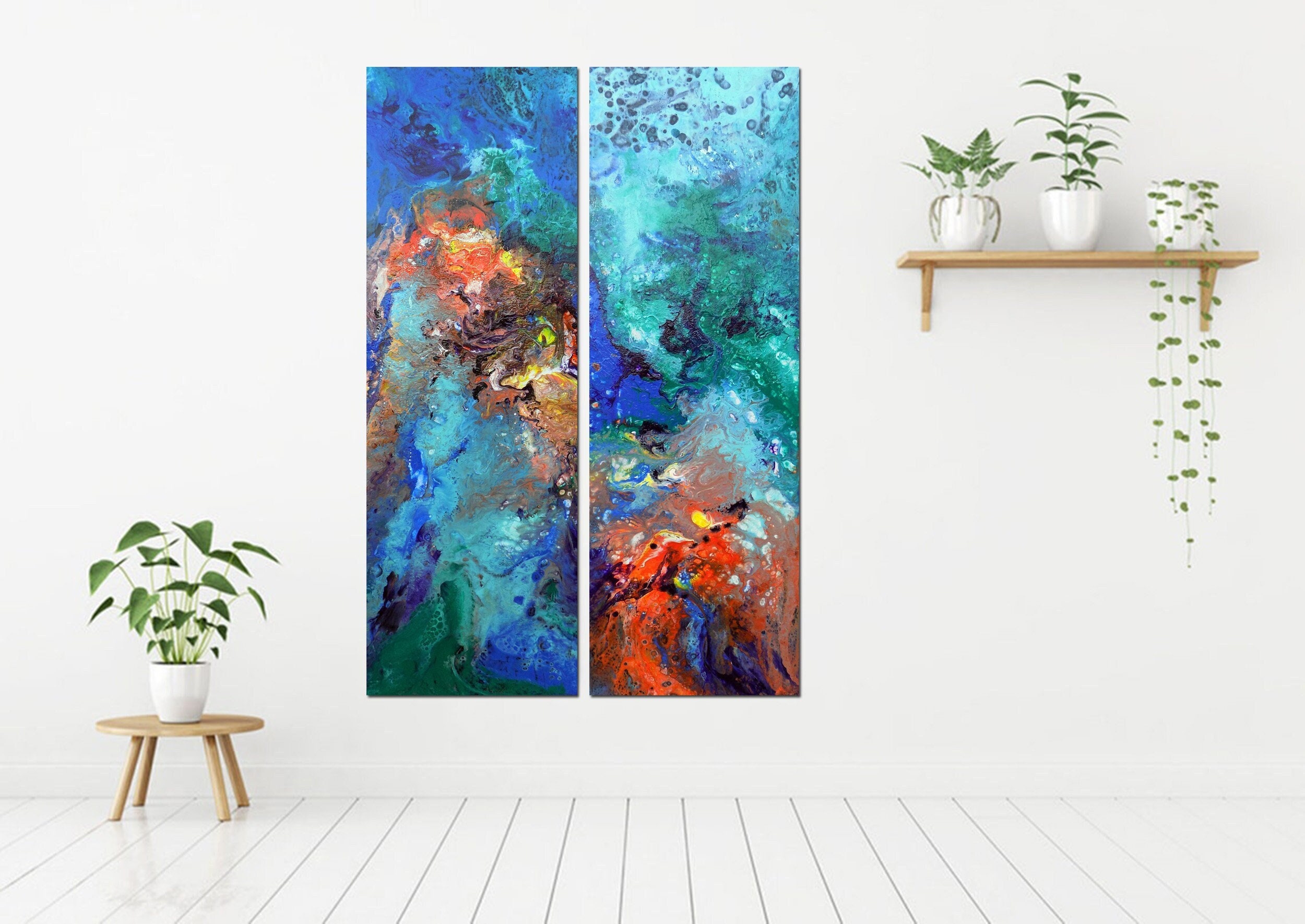 絵画セット2抽象モダンアート、青赤大きなストレッチキャンバス - Etsy