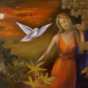 Original contemporary art , oil  painting. Woman and dove. Surreal painting. Free shipping,  anywhere in the world. ! Color, blue red gold.