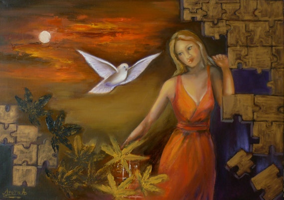 Arte contemporáneo original pintura al óleo. Mujer y paloma. | Etsy