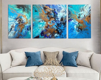 Triptych painting art, three pieces canvas, modern wall decoration  abstract original artwork blue green metallic gold and bronze