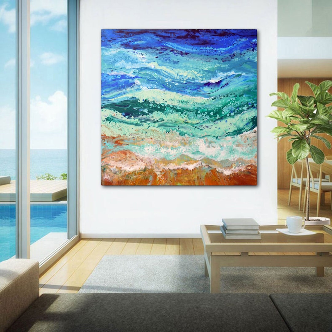 抽象的な海の風景絵画 手作りの青い海の風景抽象的な白い波の絵画、大きな海の
