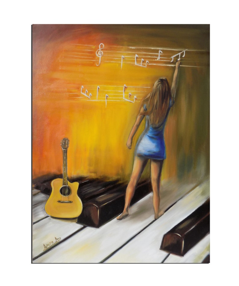 Original oil painting contemporary art original painting. Figures paintings,piano guitar canvas ready to hang Orange yellow blue.Wall decor. image 1